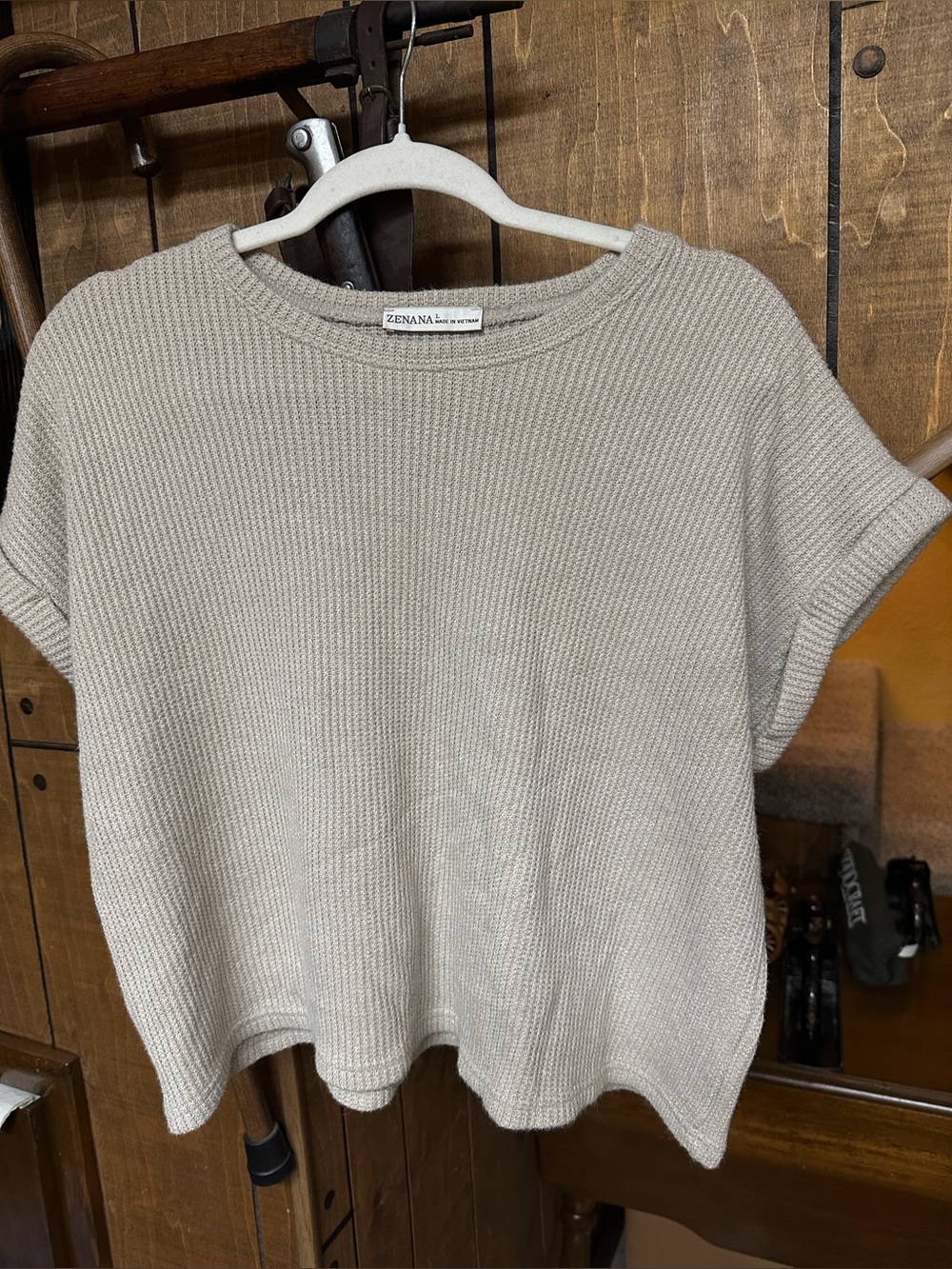 Zenana Outfitters Beige Short Sleeve Waffle Knit Top